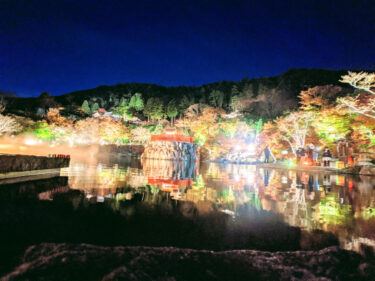 箕面の勝尾寺　日中たのしんだ紅葉はライトアップで別世界に